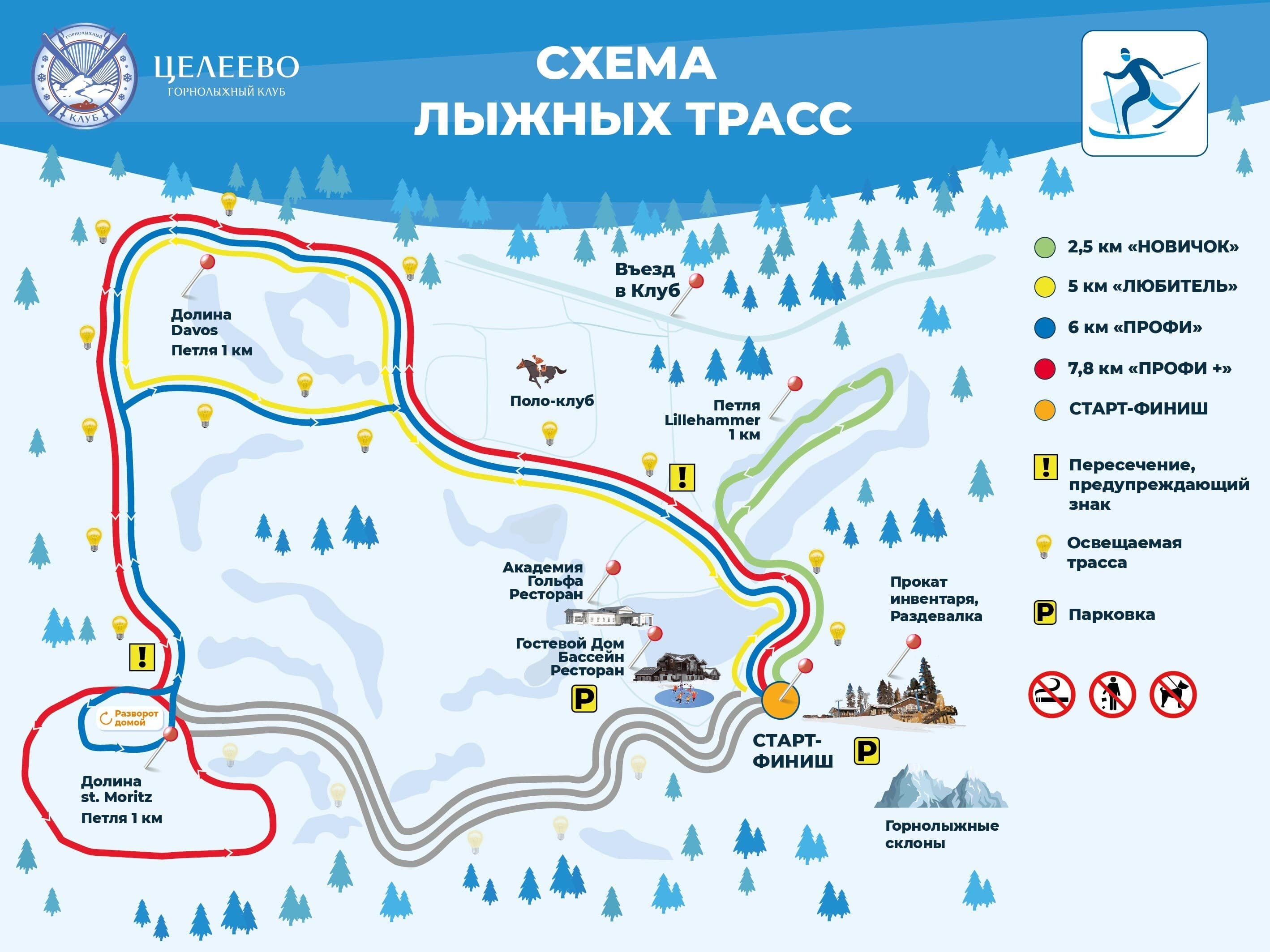 Схема профессиональной освещаемой трассы для беговых лыж в Горнолыжном Клубе Целеево